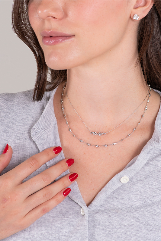 14K White Gold Round and Baguette Diamond Sprinkle Necklace