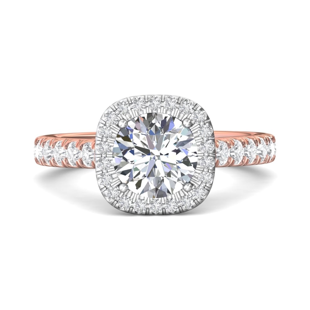 FlyerFit® 18K Pink Gold Shank And White Gold Top Micropave Halo Engagement Ring